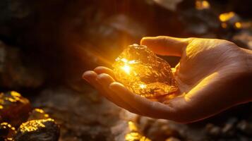 A hand holds a radiant amber gemstone, capturing light and warmth. The surroundings feature other gemstones, highlighting a moment of discovery in a natural environment. photo