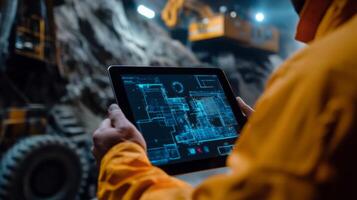 A worker wearing protective gear monitors a digital interface displaying gemstone extraction plans. photo