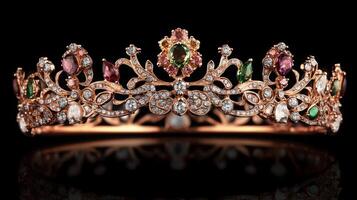 A stunning crown featuring a blend of vivid gemstones set in ornate metalwork. This piece showcases luscious greens, pinks, and sparkling diamonds, highlighting craftsmanship and elegance. photo