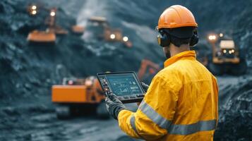 Workers utilize technology to monitor gemstone extraction in a mining site. Heavy machinery operates in the background, showcasing a modern approach to resource management and safety standards. photo
