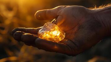 A person holds a sparkling gemstone in their hand, illuminated by golden sunlight during dusk. The background features a natural setting, enhancing the gemstone's brilliance and beauty. photo