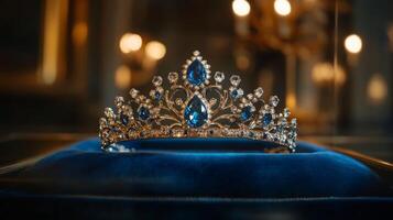 A beautifully crafted crown adorned with blue gemstones and diamonds rests on a plush blue cushion. The soft glow of nearby lights enhances its regal appearance in an opulent atmosphere. photo