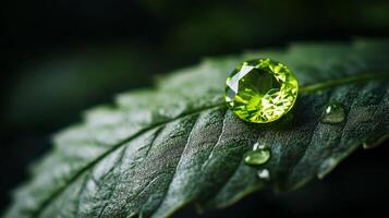 A vibrant green gemstone is perched on a textured green leaf, surrounded by small droplets of water. photo
