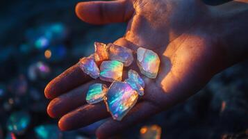 A hand displays a collection of shimmering gemstones that catch the fading light of dusk. The iridescent stones glimmer with vibrant colors, set against a blurred background of more gemstones. photo
