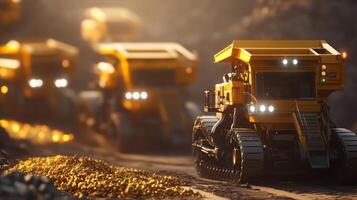 Heavy machinery operates in a gemstone mining site, skillfully digging through earth and transporting valuable materials. photo