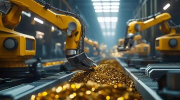 Advanced robotic arms are meticulously sorting and processing a mound of sparkling gemstones in a high-tech industrial setting. The well-lit environment enhances the vibrant colors of the gems. photo