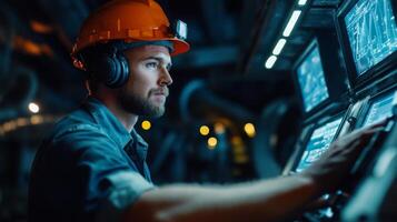 A technician engages with high-tech control panels, wearing a hard hat and headphones. The setting is dimly lit, emphasizing the display screens. photo