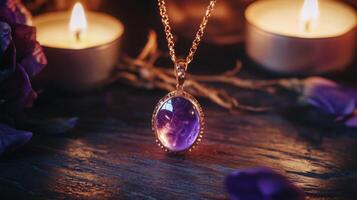 Purple gemstone pendant is delicately displayed on a dark surface, surrounded by flickering candles and scattered rose petals, creating a calming and mystical atmosphere in a cozy setting. photo