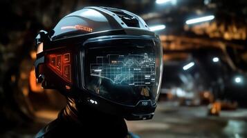 A figure wearing a high-tech helmet with a digital display navigates through a gemstone mine. The environment is dimly lit, showcasing the intricate rock formations and the potential for discovery. photo