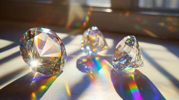 Three intricately cut gemstones sit on a surface, capturing sunlight and creating a dazzling array of colors. The light reflects off their surfaces, producing beautiful rainbow effects. photo