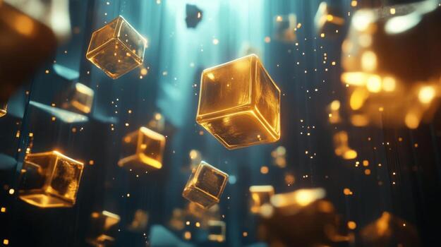 dorado cubitos parecido a piedras preciosas flotador graciosamente en un encantador submarino ajuste. ligero filtros mediante el agua, creando un etéreo atmósfera lleno con reluciente partículas foto