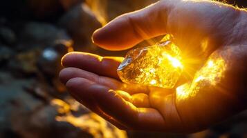 A hand gently holds a shining gemstone, illuminated by sunlight filtering through a cave. The environment is rocky and natural, emphasizing the beauty of this unique find during an exploration. photo