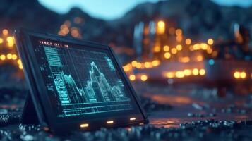 A digital display showing data analytics is set among sparkling gemstones in an elegant environment. The vibrant lights reflect off the gems, creating a fusion of nature and technology. photo