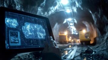 A miner inspects digital data on a tablet while surveying a gemstone-rich underground tunnel. Bright lights illuminate the surroundings, highlighting mining machinery and rock formations. photo