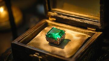 A vibrant green emerald gemstone is placed delicately on a plush cushion inside an ornate wooden box. Soft lighting accentuates its brilliance, creating an elegant atmosphere. photo
