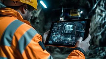 In a quarry, a miner in a safety helmet and reflective gear studies a digital gemstone extraction display, showcasing technology's role in modern mining operations. photo