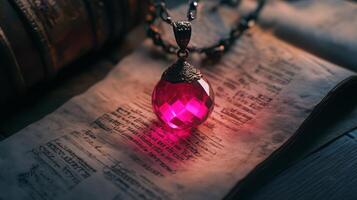 A deep pink gemstone pendant is elegantly placed on an aged manuscript, illuminated by soft ambient light. The intricate details of the pendant contrast beautifully with the textured paper beneath. photo