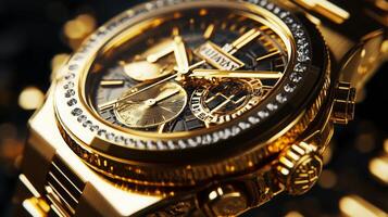 A golden watch showcases its exquisite craftsmanship with numerous gemstone accents and complex mechanisms. Its shimmering surface reflects light, highlighting the watch's luxury and elegance. photo