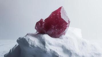 A vivid red gemstone is prominently displayed on a smooth, snowy surface, highlighting its facets and color. The clean, minimal backdrop enhances the gemstone's beauty and allure. photo