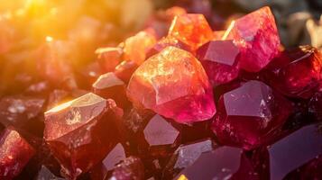 Shimmering gemstones with dynamic red and purple colors are clustered together, reflecting sunlight. Their intricate shapes and facets create a captivating display, showcasing nature's beauty. photo