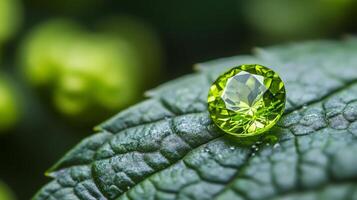 A vibrant green gemstone shines atop a textured leaf, showcasing its sparkling facets. The natural surroundings enhance the gem's beauty, creating an elegant contrast in this tranquil environment. photo