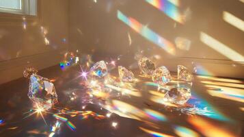 Sunlight pours through a window, illuminating various gemstone fragments scattered on the floor. The light creates vibrant patterns, showcasing the beauty and brilliance of each gemstone. photo