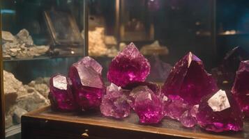 A collection of vibrant purple rough gemstones is arranged on a wooden display, showcasing their unique shapes and textures. The lighting emphasizes their brilliance in a mineral exhibit setting. photo