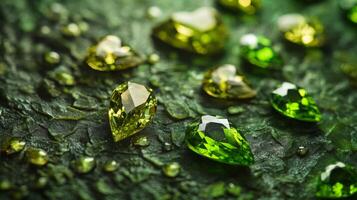A collection of various gemstones is showcased on a textured green surface. The gems are in shades of green and yellow, reflecting light and creating an enchanting visual experience. photo