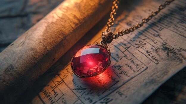 A beautifully crafted red gemstone pendant glimmers in soft light, positioned atop aged parchment filled with exquisite illustrations and writing. The contrast highlights its brilliance and history. photo