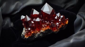 A stunning collection of ai gemstones is displayed on a dark fabric surface. The crystals exhibit striking red colors and sharp geometric shapes, creating a captivating natural artwork. photo
