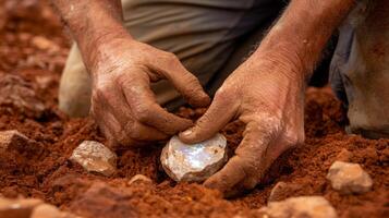Hands of a miner carefully extract a gemstone from the soil in a red earth environment. The activity highlights the manual labor and dedication involved in gemstone mining. photo