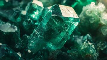 A vibrant emerald gemstone stands out against a bed of shimmering green crystals, showcasing its brilliance in a natural, illuminated environment. The intricate details highlight the stone's allure. photo