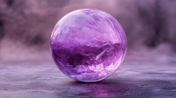 A stunning purple gemstone sphere sits peacefully on a soft surface, surrounded by a dreamy mist. The translucent stone shimmers, reflecting light and creating an enchanting ambiance. photo