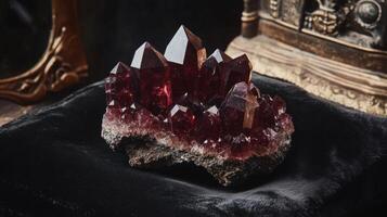 A cluster of deep red gemstones glistens on a velvet fabric, showcasing sharp, pointed formations. photo