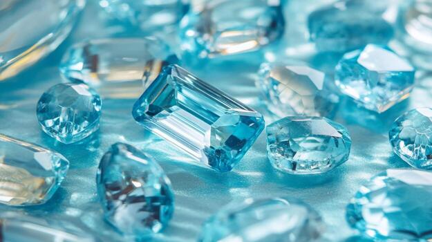 un colección de varios azul piedras preciosas brilla en un suave azul fondo. el espumoso gemas reflejar luz, exhibiendo intrincado cortes y único formas ese añadir a su seducir. foto