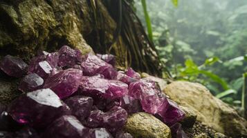 Vibrant purple gemstones are scattered on the ground beneath a dense canopy of a rainforest. The area is shrouded in mist, creating a serene atmosphere, while the foliage surrounds the stones. photo