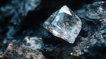A beautiful gemstone glimmers on rough granite, embedded in earth elements. photo