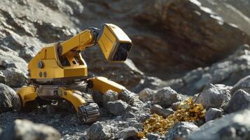 An autonomous robot equipped with advanced technology is exploring a rocky terrain, examining a pile of gemstones. photo