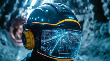 A miner equipped with a high-tech helmet investigates a gemstone-rich tunnel, utilizing ai tools for data analysis and exploration. photo