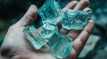 A hand showcases several translucent green gemstones, glistening in natural light. The pieces have varying shapes and sizes, highlighting their unique textures and colors. photo