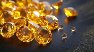 A collection of vibrant yellow gemstones catches the light beautifully as they are arranged haphazardly on a dark surface. Their brilliant facets enhance the dazzling effect in a captivating way. photo