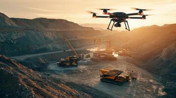 A drone surveys a gemstone mining site during sunset, capturing the expansive quarry filled with heavy machinery. Workers maneuver equipment, creating a dynamic atmosphere of industry and innovation. photo