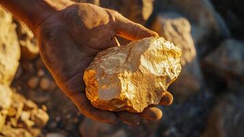 A person holds a large, rough gemstone in their hand, showcasing its shiny surface and unique texture. photo