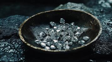 A collection of sparkling gemstones is arranged in a rustic bowl, with dark textured rocks in the background. Natural light highlights the brilliance and clarity of the stones in this elegant setup. photo