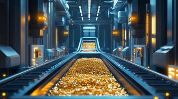 A state-of-the-art gemstone processing facility showcases an automated conveyor transporting glittering gemstones. photo