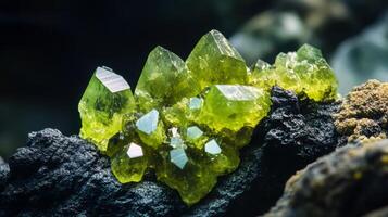 A striking cluster of bright green gemstones is displayed atop a rugged black rock surface. photo