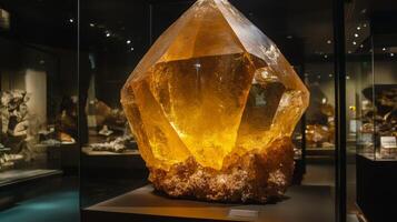 A stunning yellow gemstone stands prominently in a contemporary exhibition hall. Its facets catch the light, creating a radiant display that highlights the gem's natural brilliance and size. photo