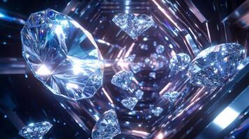Glimmering gemstones float in a shimmering atmosphere filled with light reflections. The setting is a striking, futuristic space that highlights the beauty of these precious stones. photo