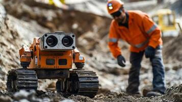 A small robotic device equipped with cameras examines the ground at a gemstone excavation site. A worker in an orange outfit is closely monitoring its progress while digging nearby. photo