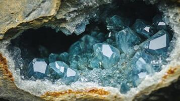 Close-up view of a cluster of gemstones nestled within a rocky formation. photo